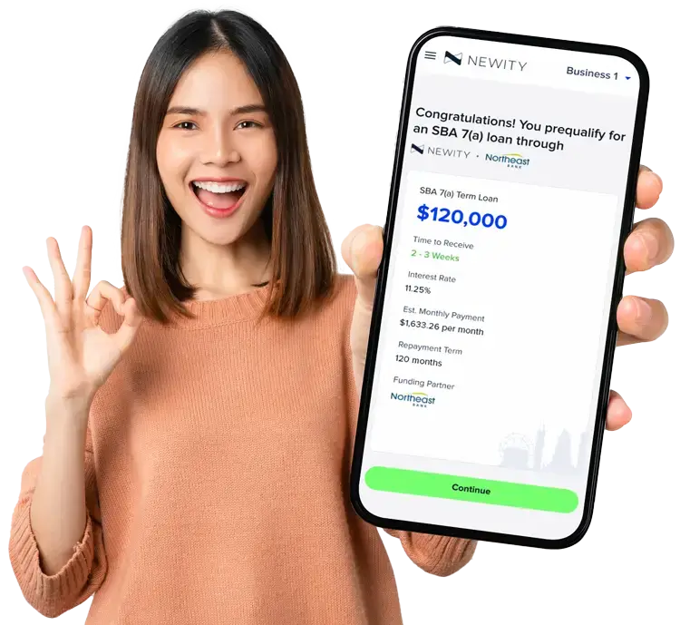 Woman with phone showing NEWITY loan offer